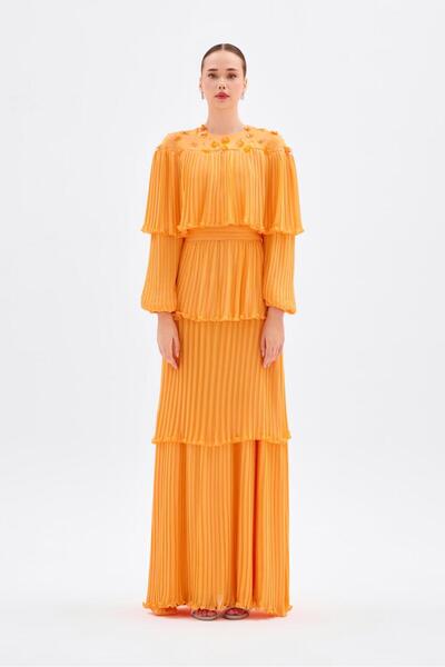 CENGIZ AKTURK Papatya İşlemeli Piliseli Şifon Uzun Abiye Elbise - 9179C