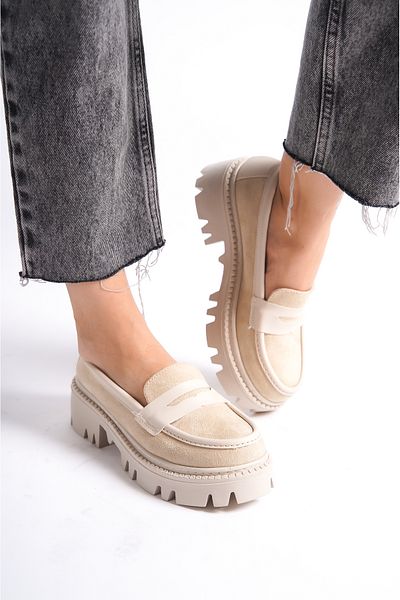 Mubiano Μπεζ Suede Γυναικείο Loafer - Χοντρή σόλα, Mb1190-bj