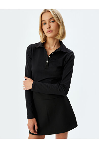 Koton Polo Yaka Tişört Uzun Kollu Pamuklu Düğme Detaylı Slim Fit