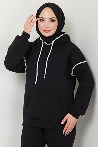 hafsamina Shepherd Embroidered Three Thread Raster Σετ φόρμας με κουκούλα Μαύρο HM2579