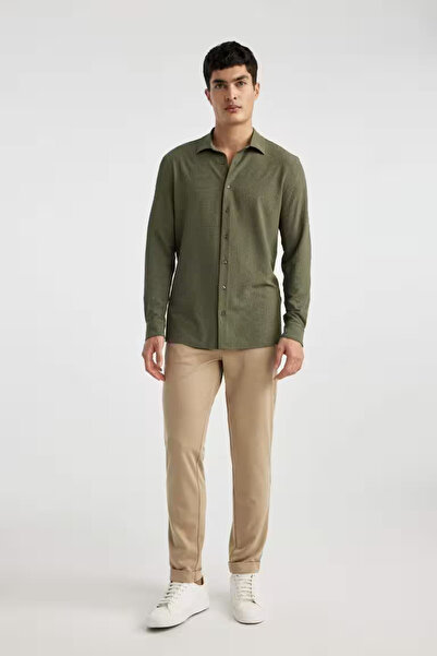 DeFacto Modern Fit Polo Yaka Krinkıl Uzun Kollu Gömlek Haki