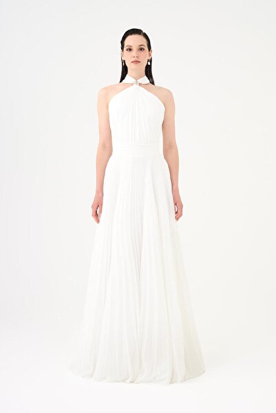 CENGIZ AKTURK Broş Detaylı Halter Yaka Piliseli Uzun Abiye Elbise - 9097C