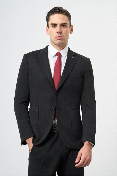 İmza Black Pattern Slim Fit Suit with Sword Collar Waist and Elastic 6 Drop Classic