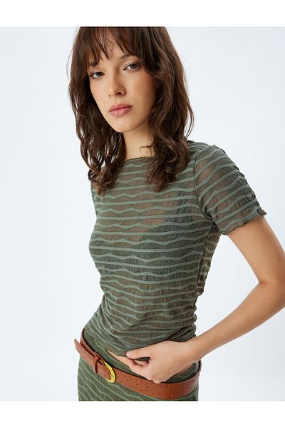 Koton Short Sleeve Round Neck Striped Semi Sheer Crop T-Shirt