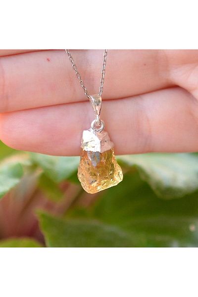 Taş Sandığı Raw Citrine Stone Silver Necklace - Unshaped Citrine Stone