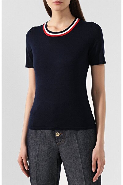 Escada Şerit Yaka Kısa Kol Lacivert Yün ve İpek Triko Kazak