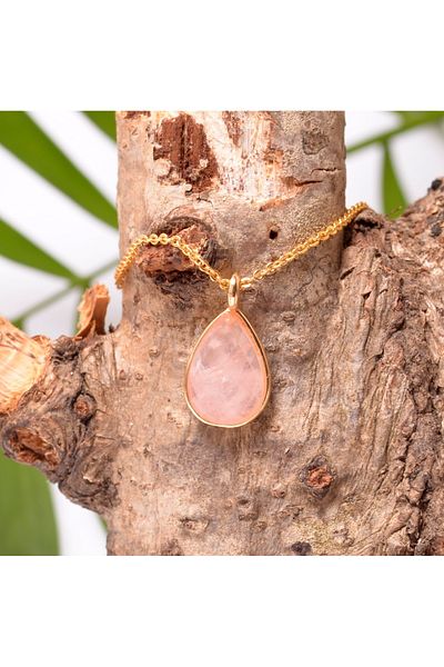 Taş Sandığı Pink Quartz Stone Drop Necklace Gold Colored - Small Size