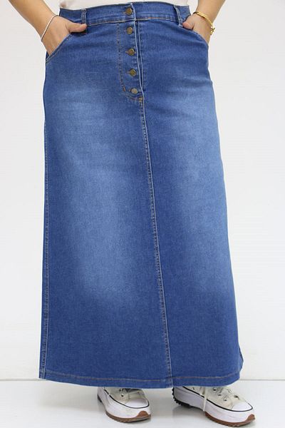 Eslina 45002-2 Fusta din denim cu nasturi în față de mărime mare - Albastru închis