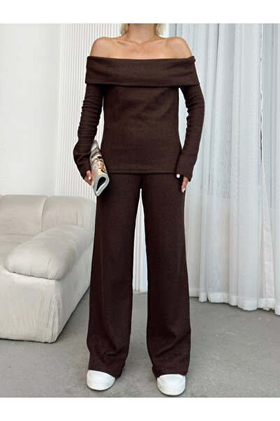 Benisengiydir Γυναικείο σετ χαλαρής κοπής σε καφέ γιακά Madonna