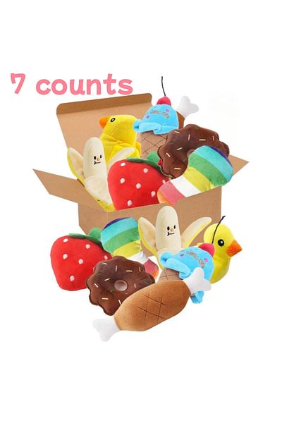 Choice A 7-piece set of puppy sound toys, loose plush pet chewing, plush fruit snacks and vegetable pupp...