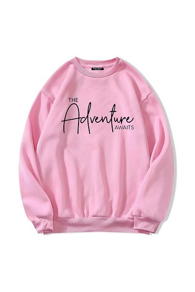SOFTWAY ΡΟΖ Unisex Oversize Crew Neck Basic Adventure εμπριμέ φούτερ