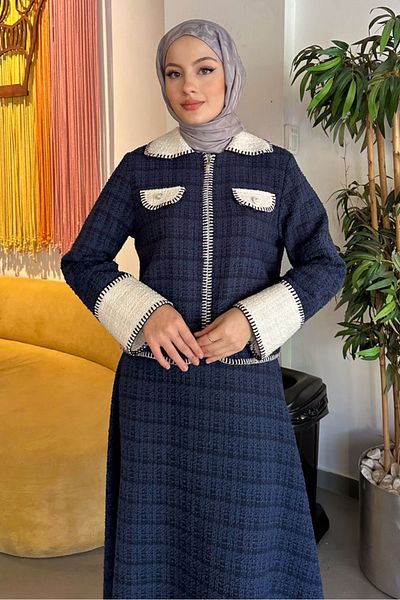 Oven Thick Bordered Tweed Set - Navy Blue