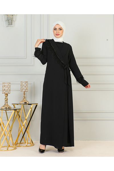 Nevayla Moda Μαύρο Ferace - Λεπτομέρεια από πέτρα και φούντα