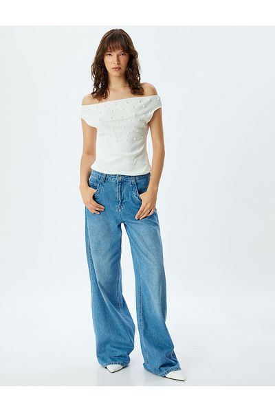 Koton Bavlněné tričko Slim Fit off-The-Shoulder – vyšívané perlou
