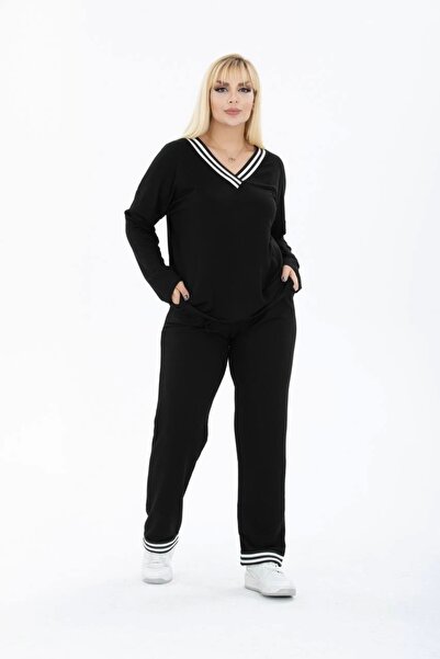 ModaSehle Women's Large Size Collar Striped Pocket Two-Yarn Fabric High Waist Set