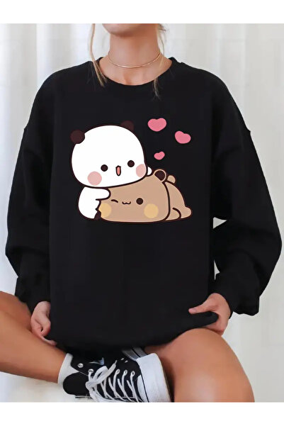 GALASHOP Sevimli dudu bubu Puding Ayı Baskılı Yuvarlak Yaka Sweatshirt Kadınl...
