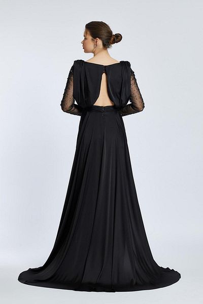 Kenzel Embroidered Evening Dress with Long Sleeves and Chest Drap - 2065