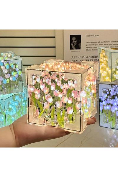 Choice Blue Handmade DIY Tulip Flower Cube Night Light GT Full Set of Material Package Room Decoration Coup