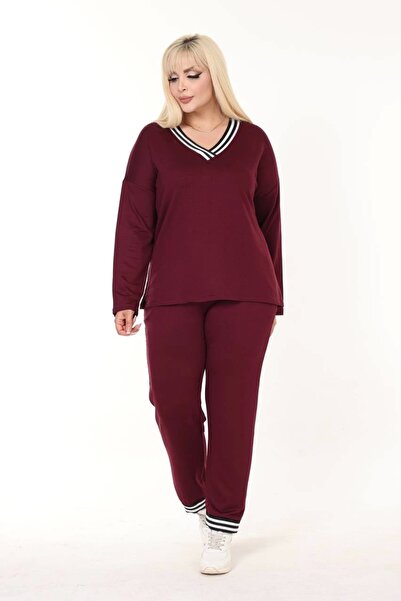 ModaSehle Women's Large Size Collar Striped Pocket Two-Yarn Fabric High Waist Set