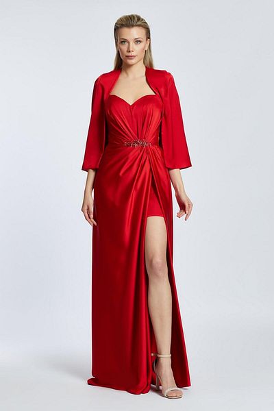 Kenzel Satin Long Evening Dress with Cape Sweetheart Neckline Slit - 2010