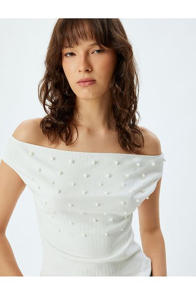 Koton Bavlněné tričko Slim Fit off-The-Shoulder – vyšívané perlou