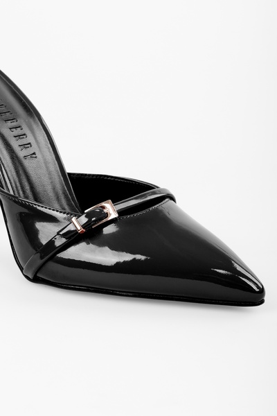 Shoeberry Women's Blair Black Patent Leather Belt Buckle Stiletto