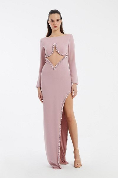 CENGIZ AKTURK Long Sleeve Slit Long Evening Dress with Chest Embroidery Detail - 3005C
