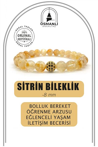 OSMANLI DOĞAL TAŞ 8mm Natural Stone Bracelet with Zircon Apparatus - Citrine