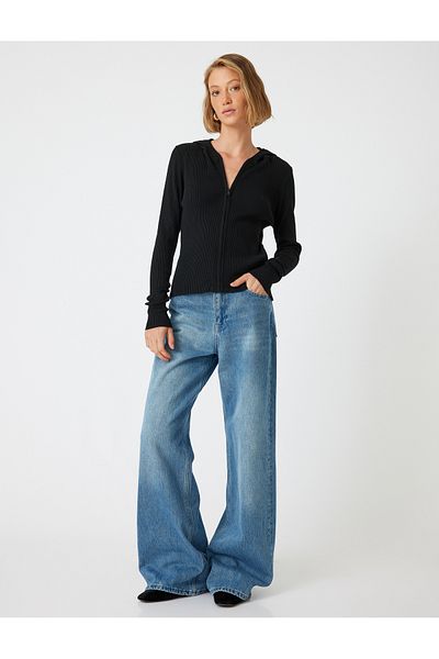 Koton Round Neck Ribbed Long Sleeve Zippered Knitwear Cardigan
