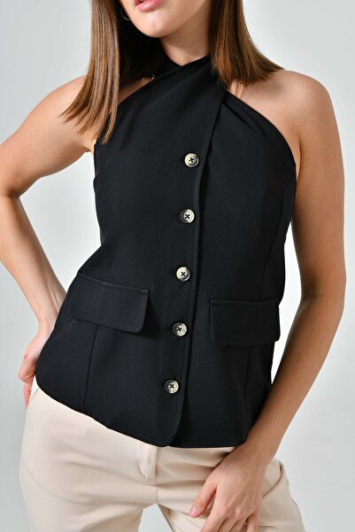 Saade Чорна куртка з зав'язками на шиї, з кишенями та декольте на спині