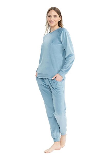 U.S. Polo Assn. U.s Polo Assn. 17092 Kadın Uzun Kollu Kadife Paçası Lastikli Rahat Ev Giyim-Mavimelanj