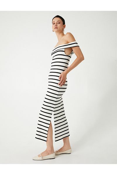 Koton Φόρεμα Madonna Collar Off The Shoulder με σκίσιμο μακρύ μολύβι - Modal Fabric
