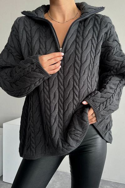 Souls Fruit Women's Standard Size Hair Braided Zip-Up Collar Oversize Anthracite Knitwear Sweater