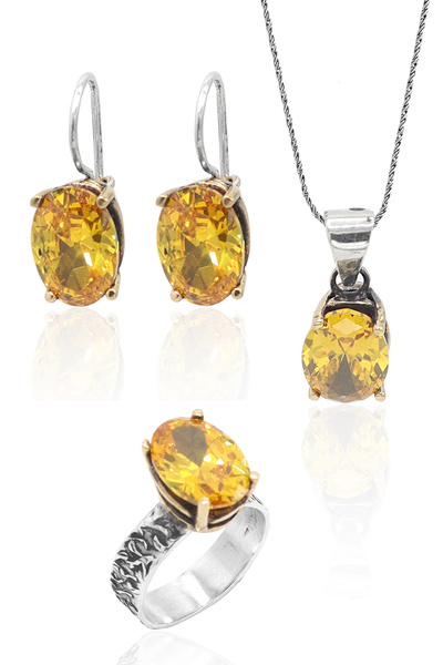 Midyat Nurtaş Gümüş Sitrin Taşlı El işçiliği Otantik Gümüş Üçlü Set 201023378