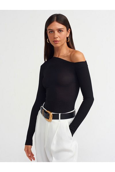 Dilvin Asymmetric Collar Long Sleeve Top-Black