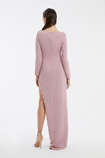 CENGIZ AKTURK Long Sleeve Slit Long Evening Dress with Chest Embroidery Detail - 3005C