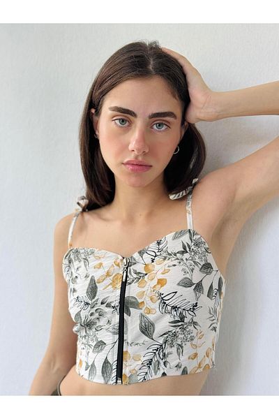 Retrobird White Leaf Bustier - Σχέδιο Γυναικείο φερμουάρ μπροστά