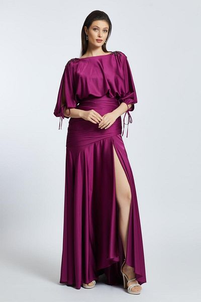 Kenzel Embroidered Shoulder Detail Deep Slit Long Evening Dress - 2014