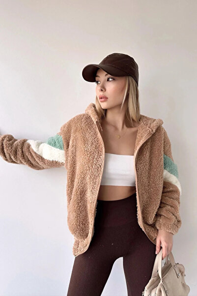 memetti m şekil Дамска качулка с цип, прекалено голяма, с цветни блокове, мека плюшена блуза-кардиган