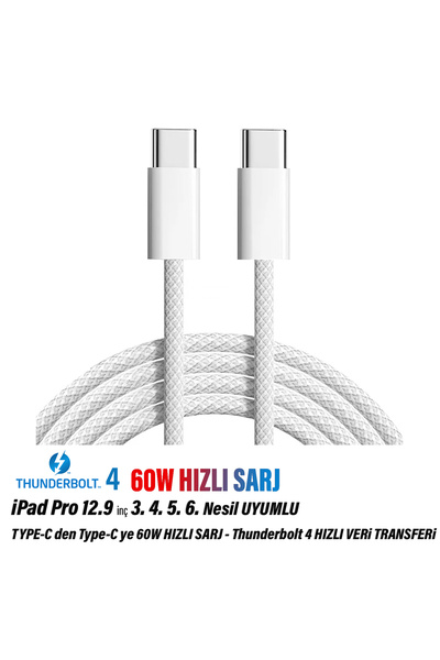 EXENAR iPad Pro 12.9inç 3. 4. 5. 6. Nesil Tablet Şarj Kablosu Type-C Thunderb...
