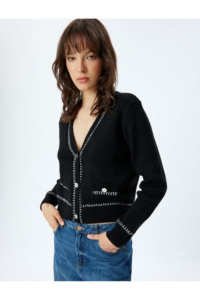 Koton V-Neck Buttoned Pocket Color Contrast Detailed Knitwear Cardigan