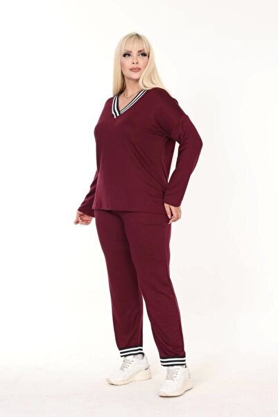 ModaSehle Women's Large Size Collar Striped Pocket Two-Yarn Fabric High Waist Set