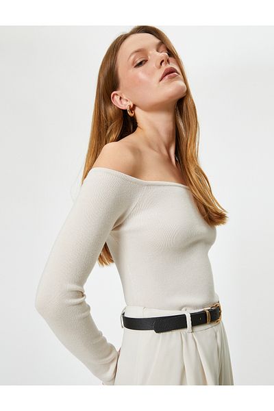 Koton Long Sleeve Boat Neck Off-The-Shoulder Striped Knitwear Sweater