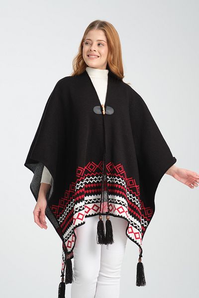 VEGA MODA Poncho din tricotaje cu imprimeu etnic și cusături de pescar - Poncho elegant pentru îmbrăcăminte exterioară cu detaliu cu nasturi