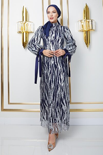 Olcay Šněrovací flitrový tylový hidžáb večerní šaty s šněrováním, tmavě modrá 1220