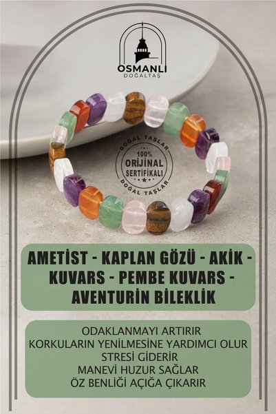 OSMANLI DOĞAL TAŞ Çakra Bileklik Ametist, Kaplan Gözü, Akik, Kuvars, Pembe Ku...