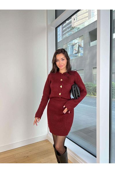 HARMONY GLOBAL Claret Red Heart Patterned Soft Knitwear Women's Set - Cardigan and Mini Skirt Tt0004