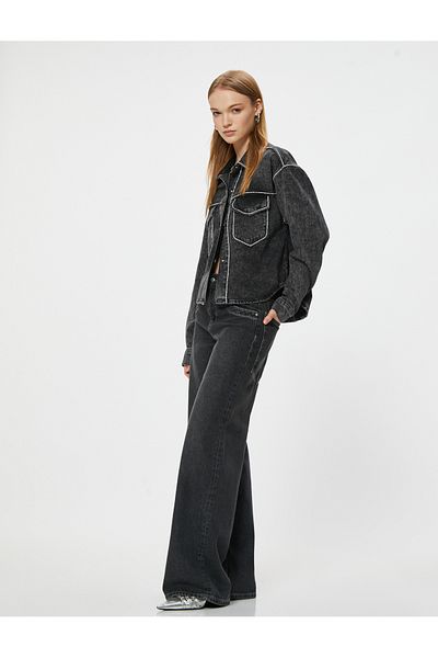 Koton Stone Detailed Oversize Denim Jacket - Pocket and Button Accessories