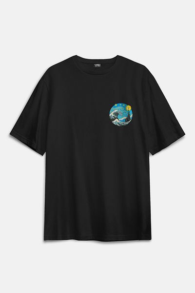 Kendim Seçtim Hokusai Van Gogh Art Painting - Starry Night Great Wave Printed Black Oversize T-Shirt