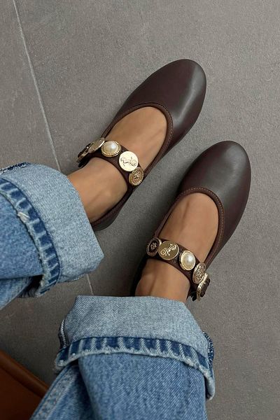 STRASWANS Leonardo Women's Leather Ballerinas - Accessory Detailed, Brown Color